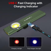 Green flashlight with USB C charging cable on a dark background